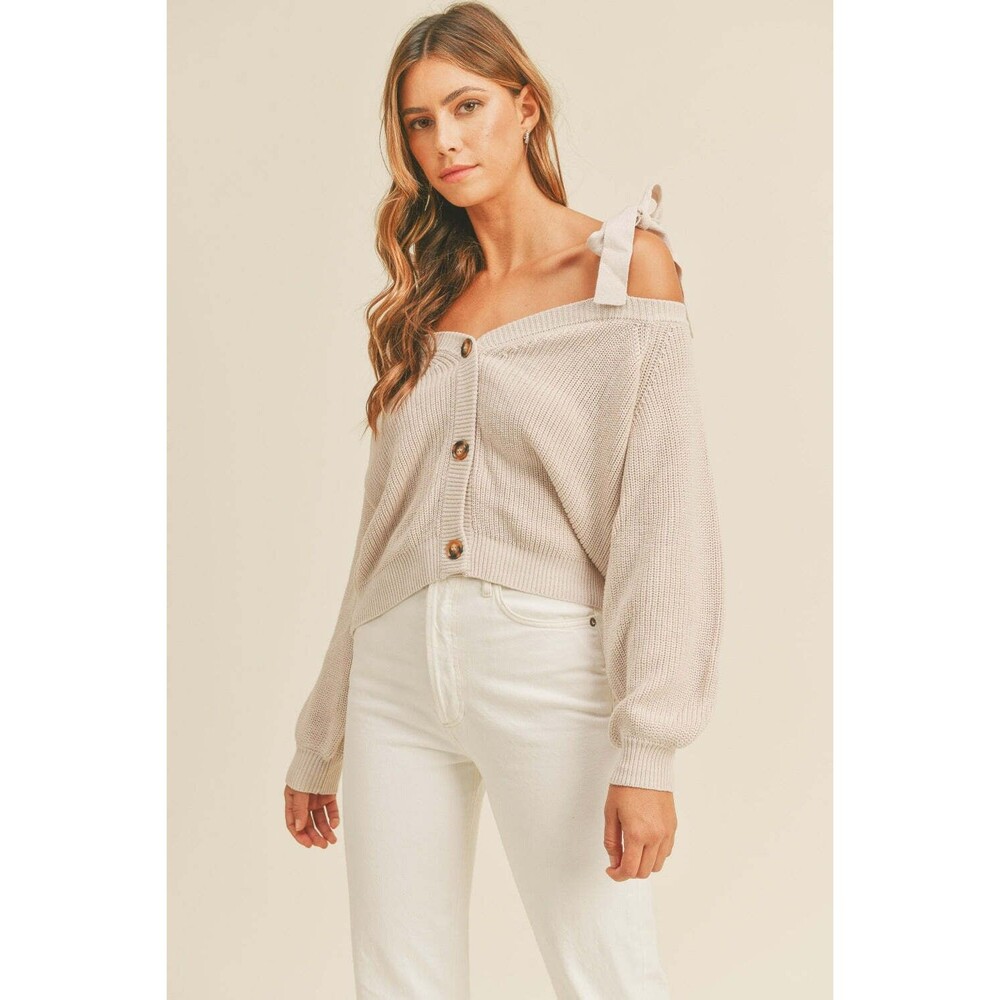 MABLE Off Shoulder Self Tie Strap Button Down Sweater